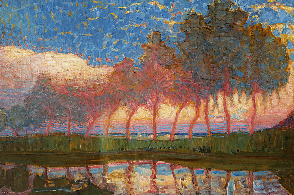 Piet Mondrian, Rij van elf populieren in rood, geel, baluw en groen, Fila di undici pioppi in rosso, giallo, blu e verde (1908; olio su tela, 60 x 112 cm)
