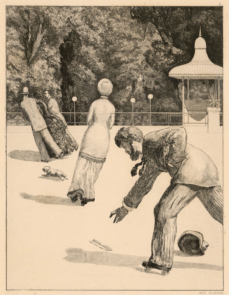 Max Klinger, L’azione, dalla serie Il guanto (2/10) (1881; acquaforte su carta, 600 × 440 mm; Collezione privata)
