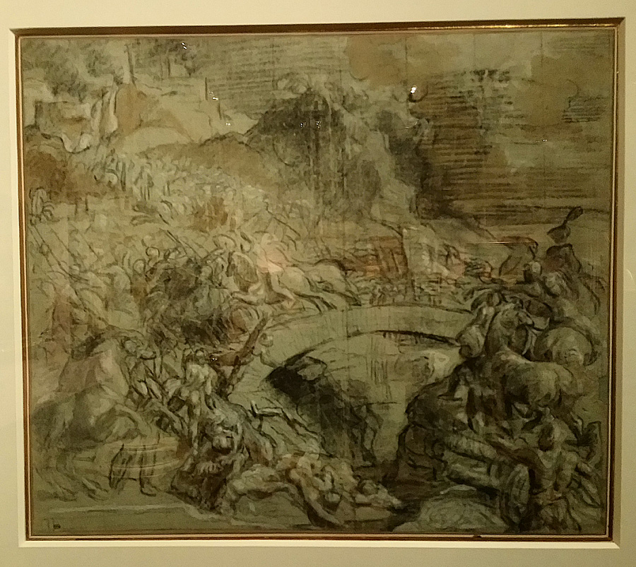 Tiziano, Studio per la Battaglia di Cadore (1537 circa; carboncino e matita nera, acquerello bruno, rialzato di gesso e acquerello bianco su carta azzurra, riquadrato a matita nera, 383 x 442 mm; Parigi, Louvre, Département des arts graphiques)
