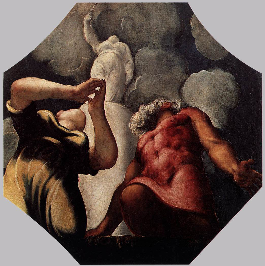 Tintoretto, Deucalione e Pirra in preghiera davanti alla statua della dea Temi (1542 circa; olio su tavola, 127 x 124 cm; Modena, Gallerie Estensi)
