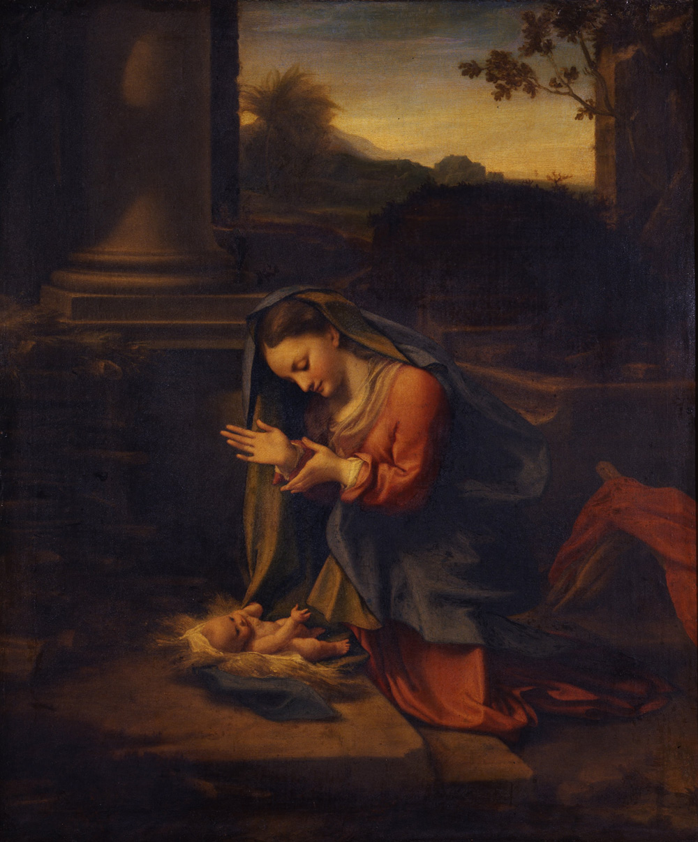 Antonio Allegri detto il Correggio, Madonna in adorazione del Bambino (1525-1526; olio su tela, 82 x 68,5 cm; Firenze, Galleria degli Uffizi)
