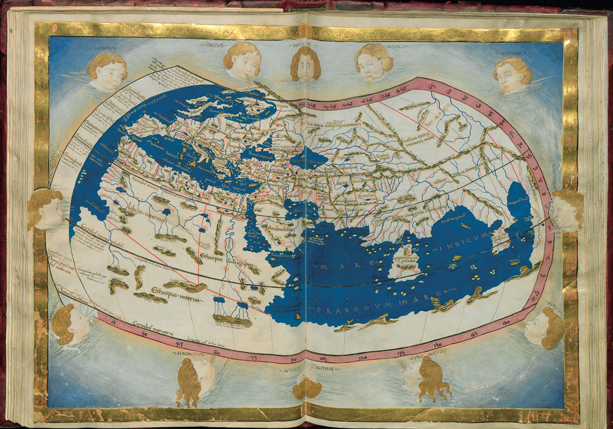 Claudio Tolomeo, Cosmographia: raffigurazione dell’ecumene (1466-1468; manoscritto membranaceo, con la traduzione di Jacopo Angeli; Firenze, Biblioteca Medicea Laurenziana)
