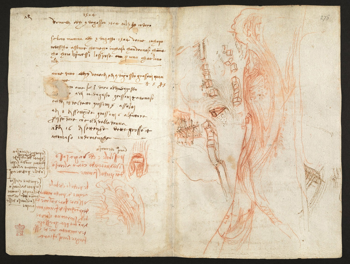 Leonardo da Vinci, Studi per la canalizzazione dell’Arno, Codice Arundel, fogli 271v-278r (1504 circa; matita rossa, penna e inchiostro; Londra, British Library)
