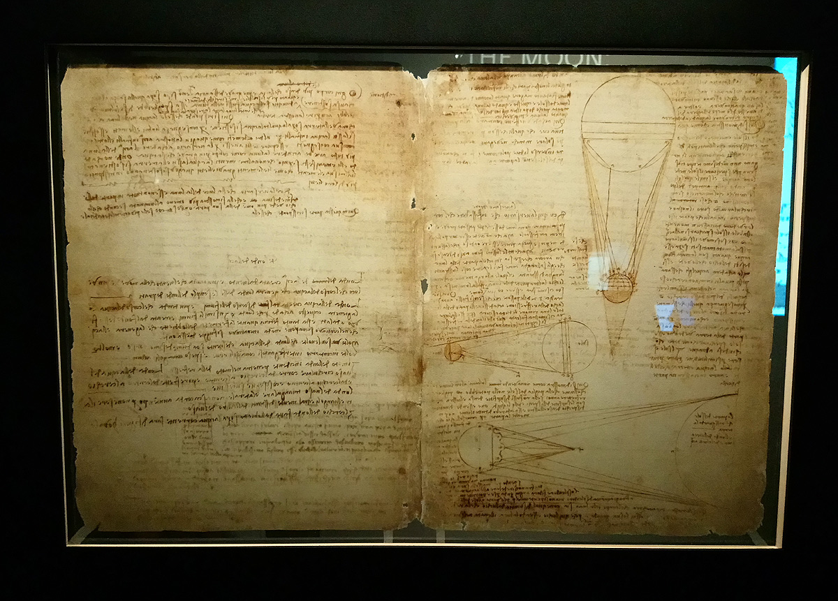 Leonardo da Vinci, Codice Leicester, fogli 36v-1r (1506-1510; manoscritto su carta; Collezione privata). Courtesy Bill Gates
