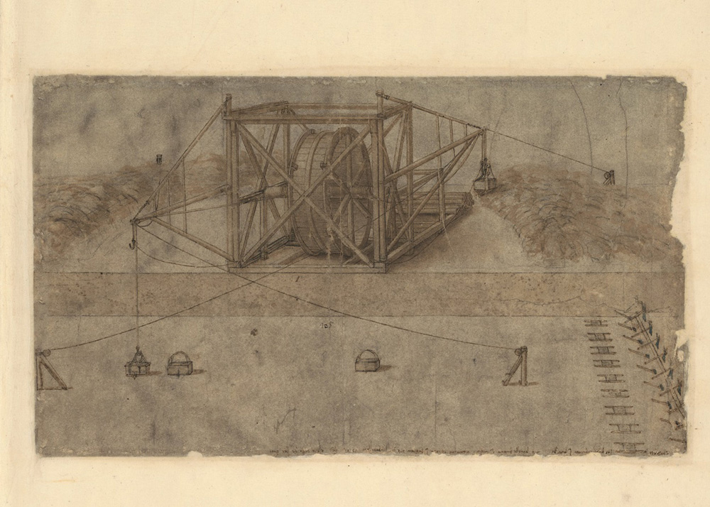 Leonardo da Vinci, Studio di macchine elevatrici e impianti di scavo, Codice Atlantico, foglio 4r (1502 (?); matita, penna e acquerello su carta; Milano, Veneranda Biblioteca e Pinacoteca Ambrosiana)
