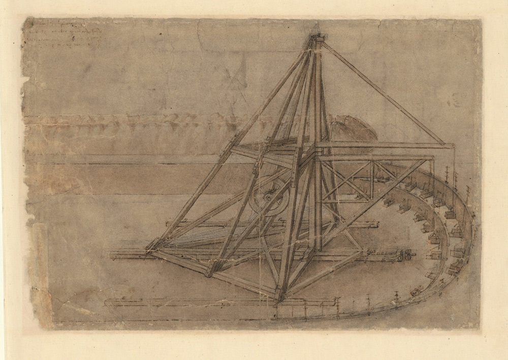 Leonardo da Vinci, Studio di macchine elevatrici e impianti di scavo, Codice Atlantico, foglio 3r (1502 (?); matita, penna e acquerello su carta; Milano, Veneranda Biblioteca e Pinacoteca Ambrosiana)
