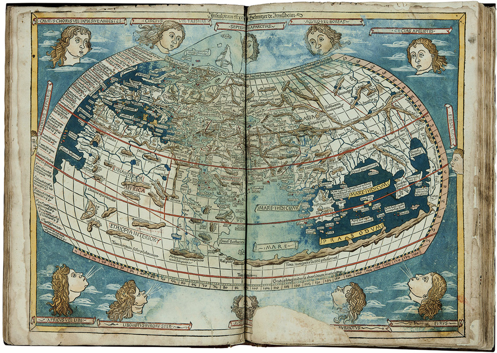 Claudio Tolomeo, Cosmographia: raffigurazione dell’ecumene (1482; stampa in xilografia su carta; Firenze, Biblioteca Medicea Laurenziana)
