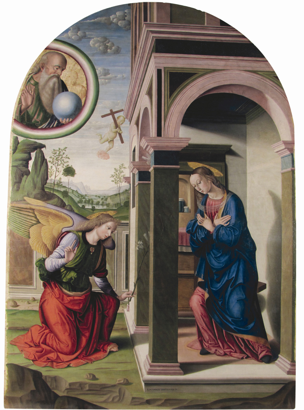 Giovanni Santi, Annunciazione (1489-1491 circa; olio su tavola, 260 x 187,2 cm; Urbino, Galleria Nazionale delle Marche, in deposito dalla Pinacoteca di Brera, Milano)