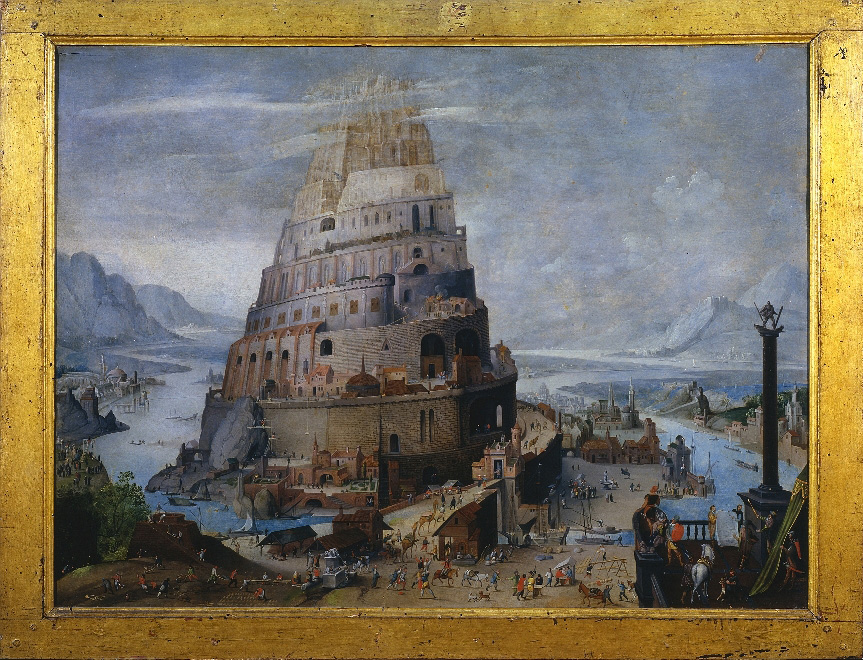 Ambito di Abel Grimmer, La Torre di Babele (fine del secolo XVI Â– inizio del secolo XVII; olio su tavola, 49,9 x 66,5 cm; Siena, Collezione Piccolomini Spannocchi)
