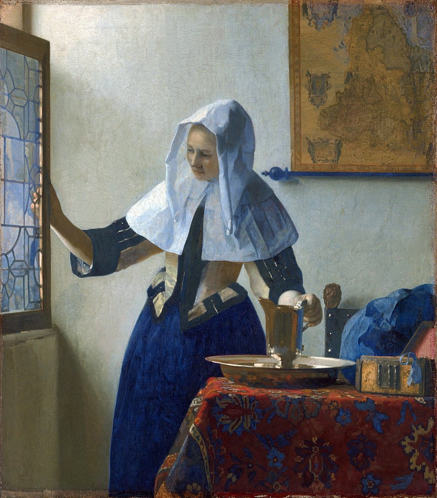 Jan Vermeer, Donna con brocca d’acqua (1662 circa; olio su tela, 45,7 x 40,6 cm; New York, Metropolitan Museum of Art)
 Jan Vermeer, Donna con brocca d’acqua (1662 circa; olio su tela, 45,7 x 40,6 cm; New York, Metropolitan Museum of Art)