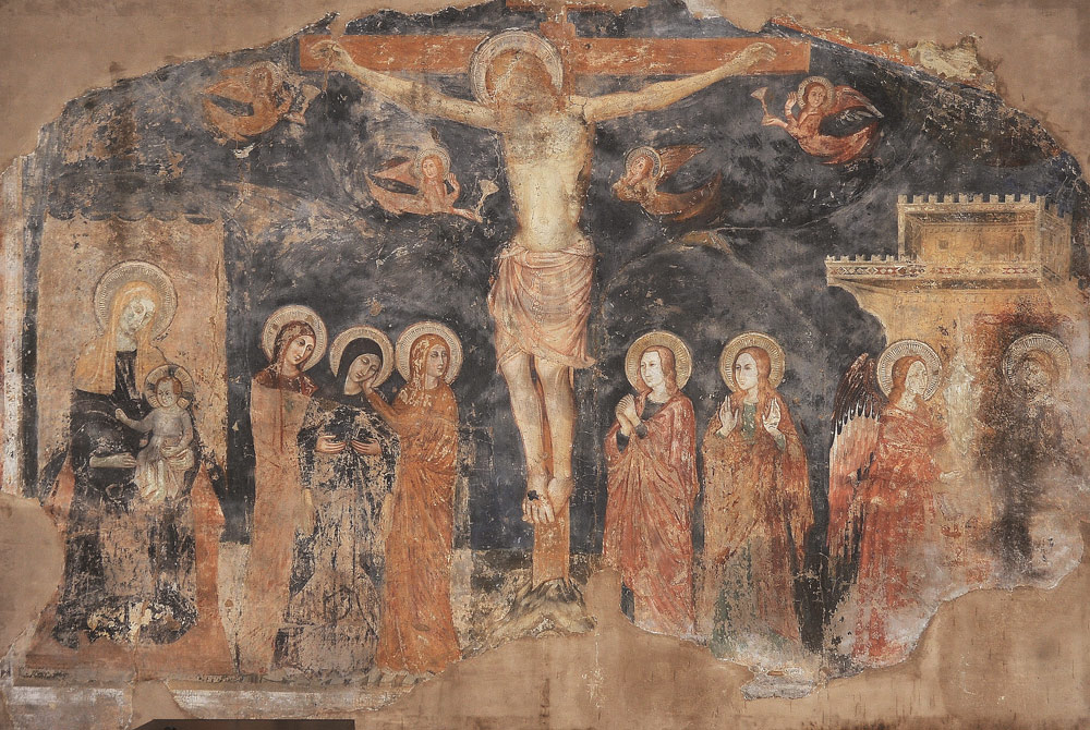 Maestro di Fossa, Crocifissione, Annunciazione e Madonna col Bambino in trono (1330-1333 circa; affresco staccato, 350 x 475 cm; Trevi, Raccolta dÂ’Arte di San Francesco)
