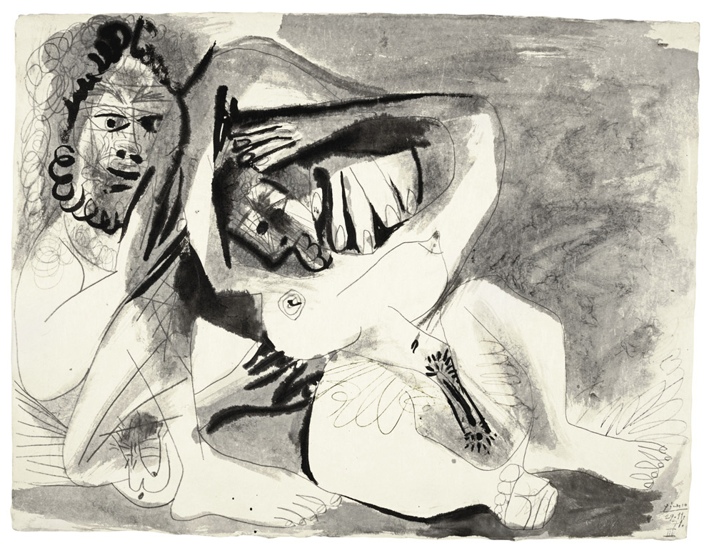 Pablo Picasso, Uomo e donna nudi (1971; inchiostro e matita su carta, 51 x 66,5 cm)
