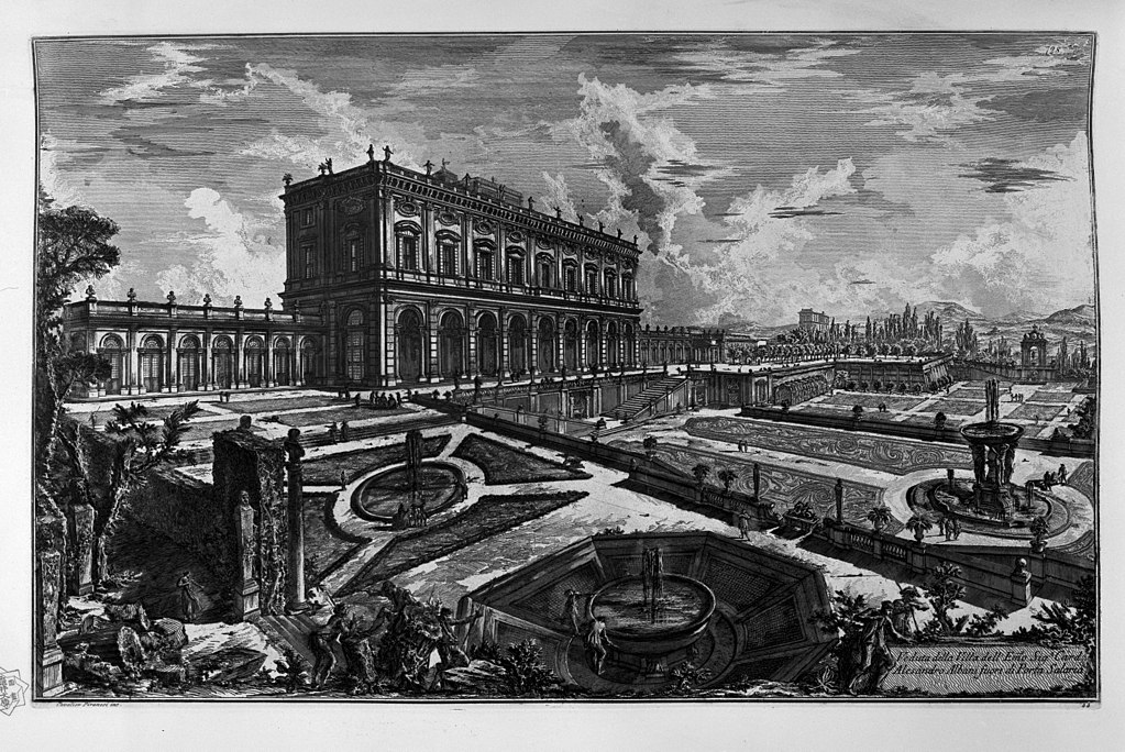 Giovanni Battista Piranesi, Veduta della Villa Albani dalle Vedute di Roma pubblicate a Parigi tra il 1835 e il 1839 presso Firmin Didot Frères (1748-1774; incisione, 54,4 x 78,7 cm)
