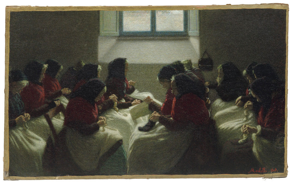 Angelo Morbelli, Vecchie calzette (1903; olio su tela, 61,6 x 99,7 cm; Lugano, Collezione Cornèr Banca)
 Angelo Morbelli, Vecchie calzette (1903; olio su tela, 61,6 x 99,7 cm; Lugano, Collezione Cornèr Banca)