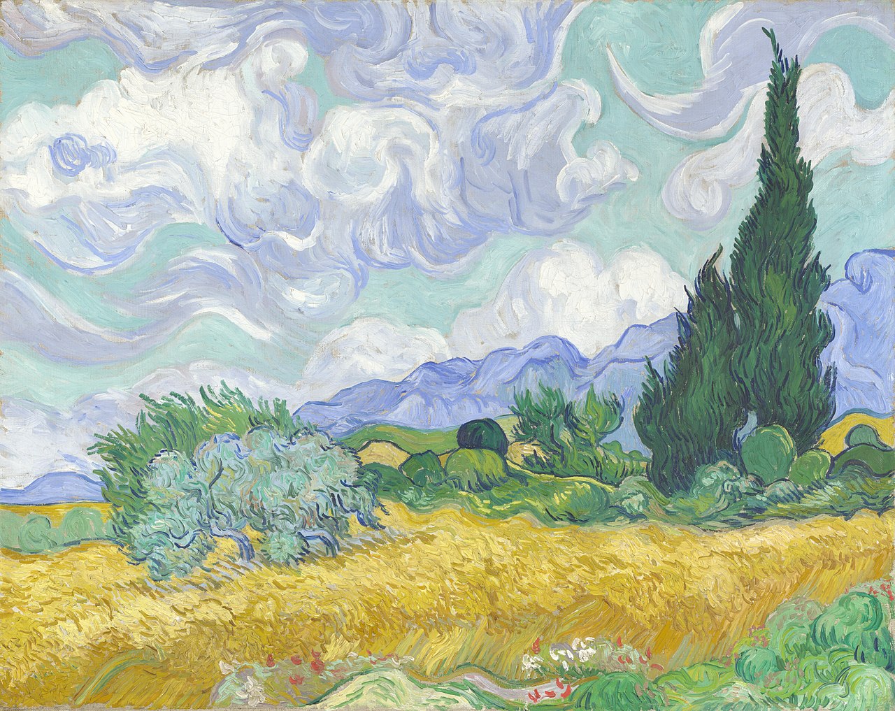 Vincent van Gogh, Campo di grano con cipressi (settembre 1889; olio su tela, 72,1 x 90,9 cm; Londra, National Gallery)
