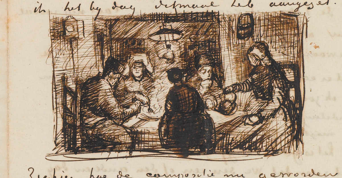 Vincent van Gogh, Schizzo per i mangiatori di patate, dalla lettera 492 a Theo van Gogh, Nuenen, 9 aprile 1885 (1885; manoscritto su carta; Amsterdam, Van Gogh Museum)
