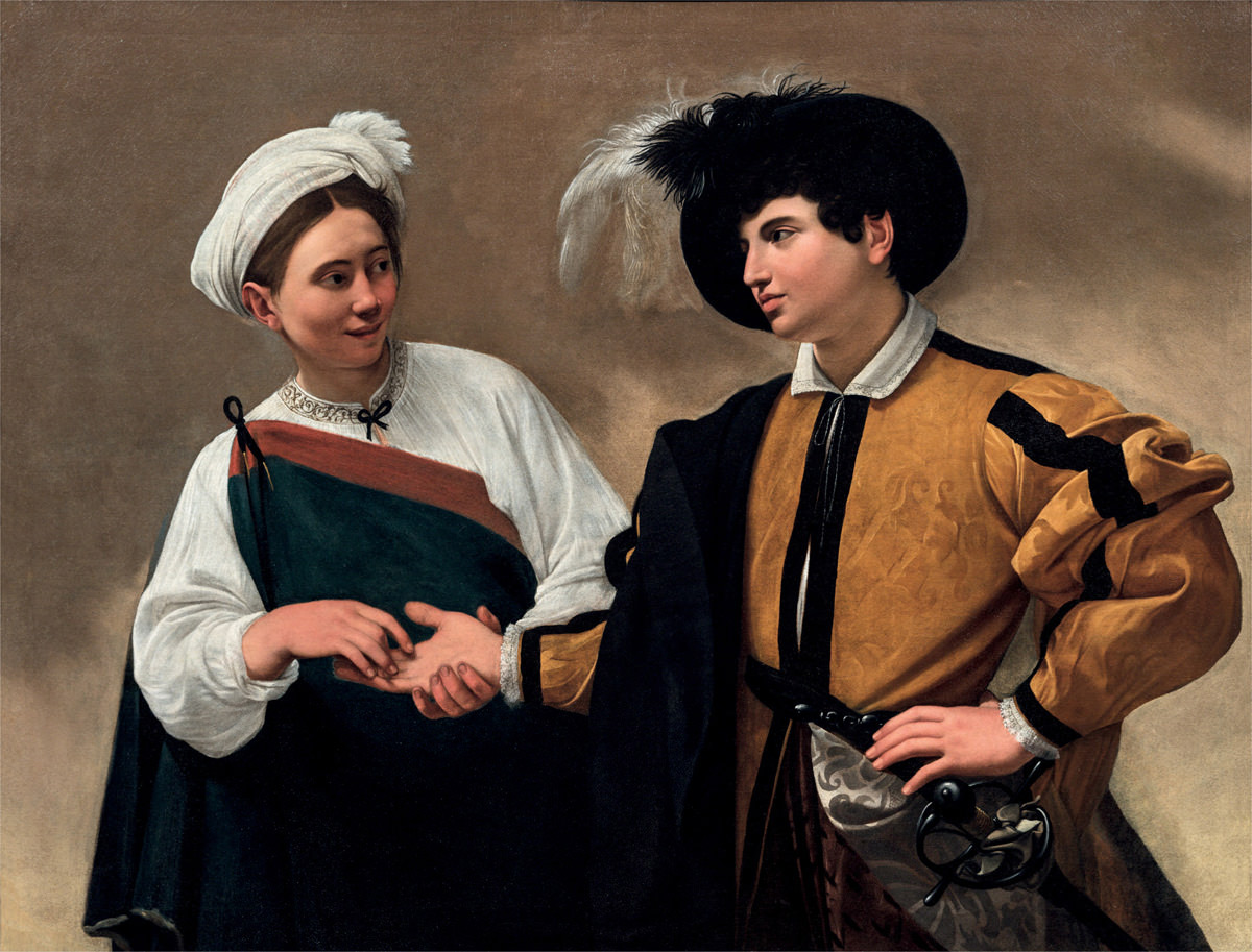 Michelangelo Merisi da Caravaggio, Buona ventura (“La  Zingara”) (1596-1597 circa; olio su tela, 115 x 150 cm; Roma, Musei Capitolini – Pinacoteca Capitolina)
