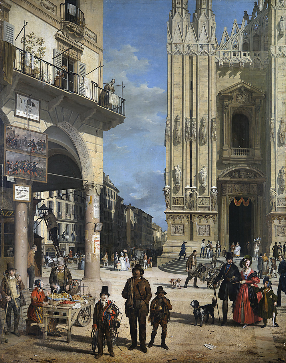 Angelo Inganni, Veduta sulla piazza del Duomo con il Coperto dei Figini (1838; olio su tela, 173 × 133 cm; Milano, Palazzo Morando - Costume Moda Immagine)
