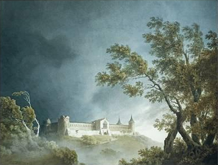 Giovanni Battista De Gubernatis, Paesaggio nella bufera con castello a quattro torri e grande trifora sovrastante il portale (1803; matita e acquerello su carta vergata bianca, 457 × 585 mm; Torino, GAM - Galleria Civica d’Arte Moderna e Contemporanea)
