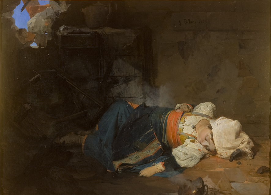 Gerolamo Induno, Trasteverina colpita da una bomba (1849; olio su tela, 114,5 x 158 cm; Roma, Galleria Nazionale d’Arte Moderna)
