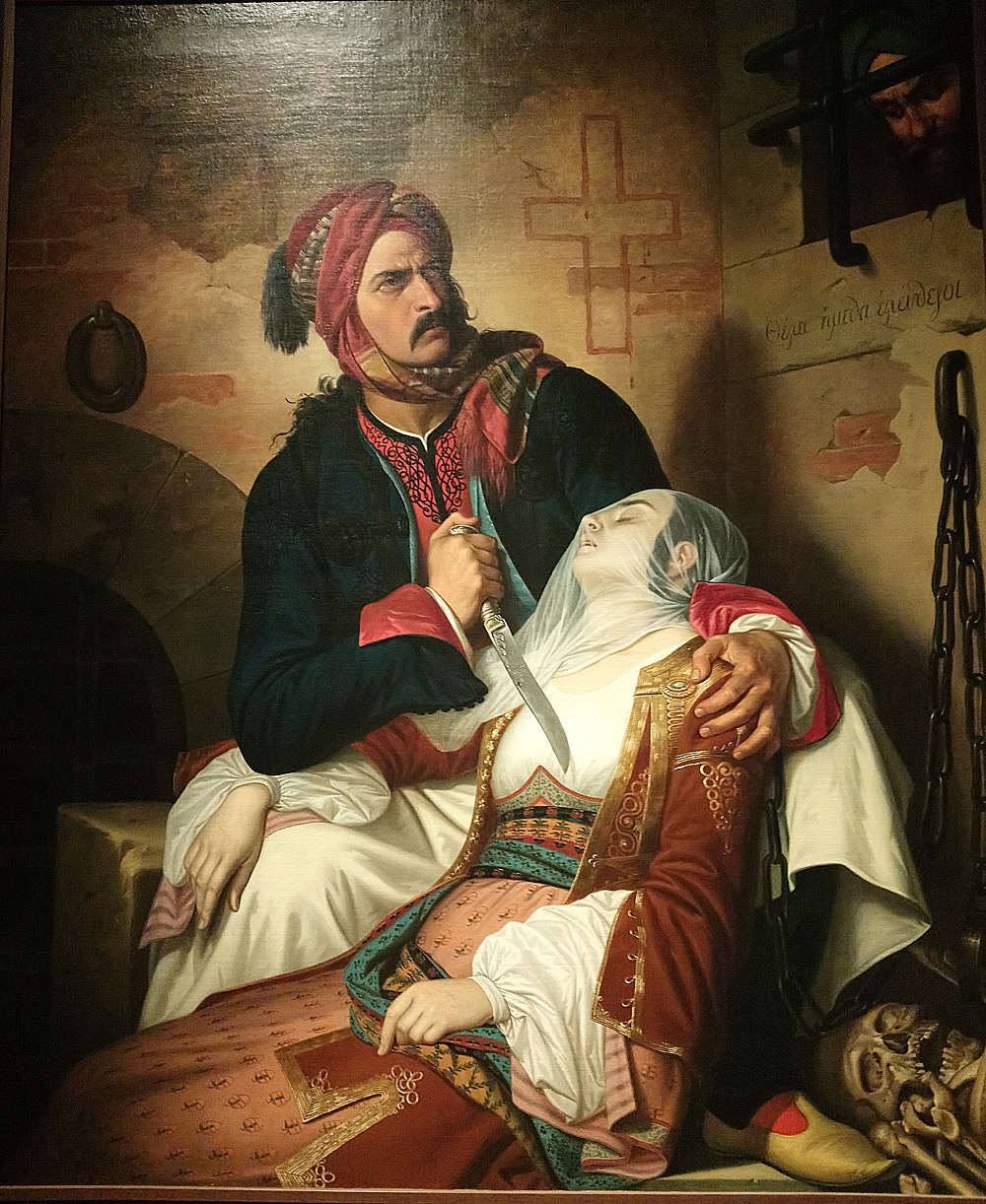 Cesare Mussini, Giorgio Rhodios che uccide la moglie Demetria e poi se stesso per fuggire alla crudeltà musulmana (Saremo liberi!) (1841-1851; olio su tela, 170 × 142 cm - Torino, Musei Reali, Palazzo Reale)
