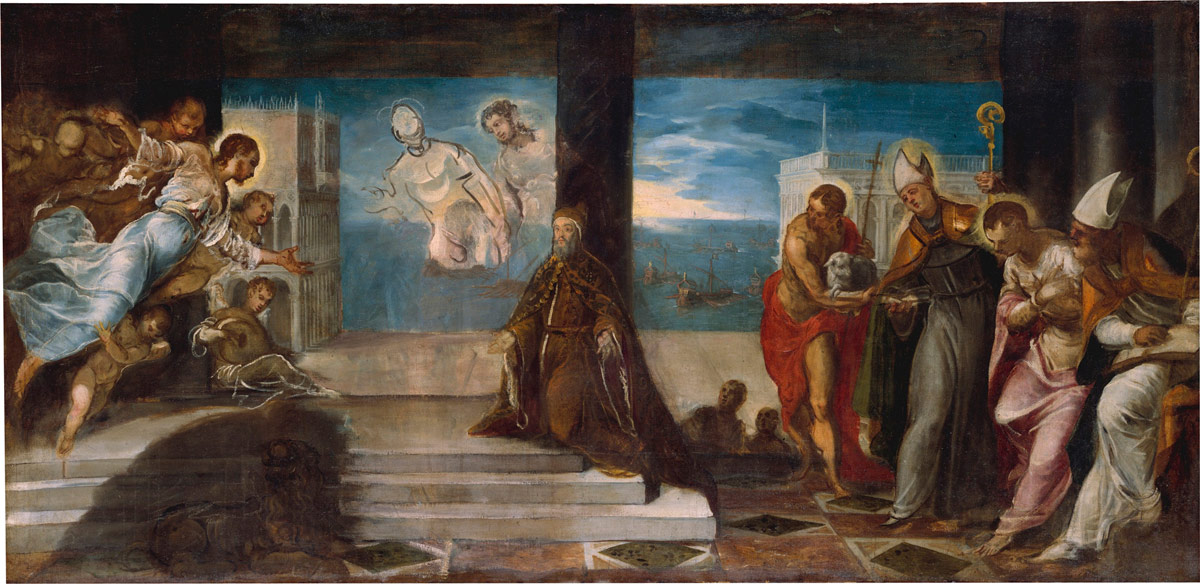 Tintoretto, Il Doge Alvise Mocenigo presentato al Redentore (1571–1574; olio su tela, 97 x 198 cm; New York, The Metropolitan Museum of Art, John Stewart Kennedy Fund)
