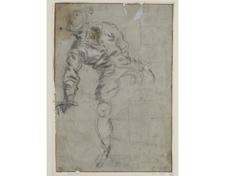 Tintoretto, Figura maschile vestita a cavalcioni (1565; carboncino con lumeggiature bianche su carta azzurrina quadrettata, recto; 312 x 221 mm; Londra, Victoria and Albert Museum)
