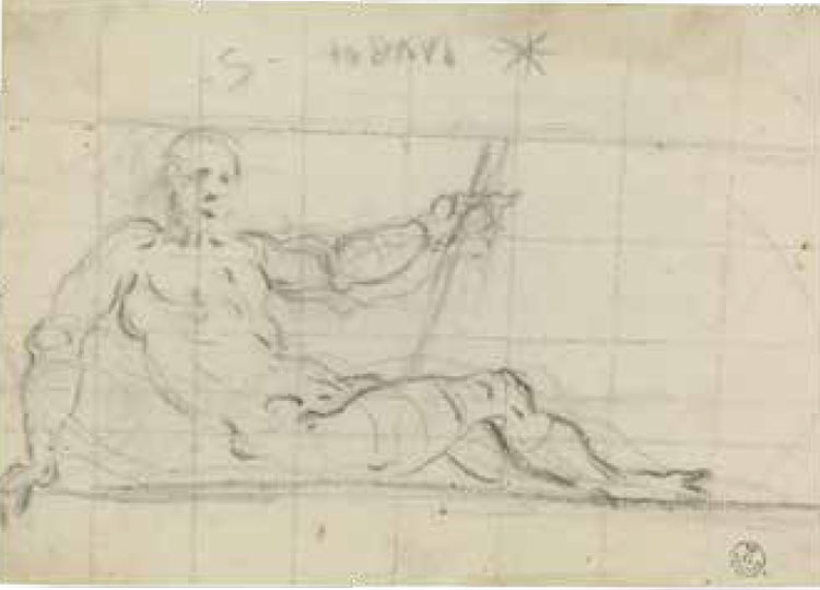 Tintoretto, Nudo maschile semisdraiato (1564; gessetto nero su carta bianca quadrettata, 210 x 298 mm; Firenze, Gallerie degli Uffizi, Gabinetto Disegni e Stampe)
