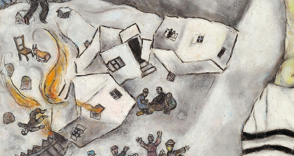 Marc Chagall, Crocifissione bianca, dettaglio, il villaggio distrutto