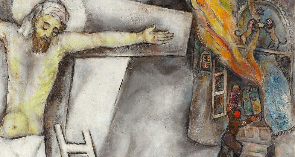 Marc Chagall, Crocifissione bianca, dettaglio, la sinagoga in fiamme