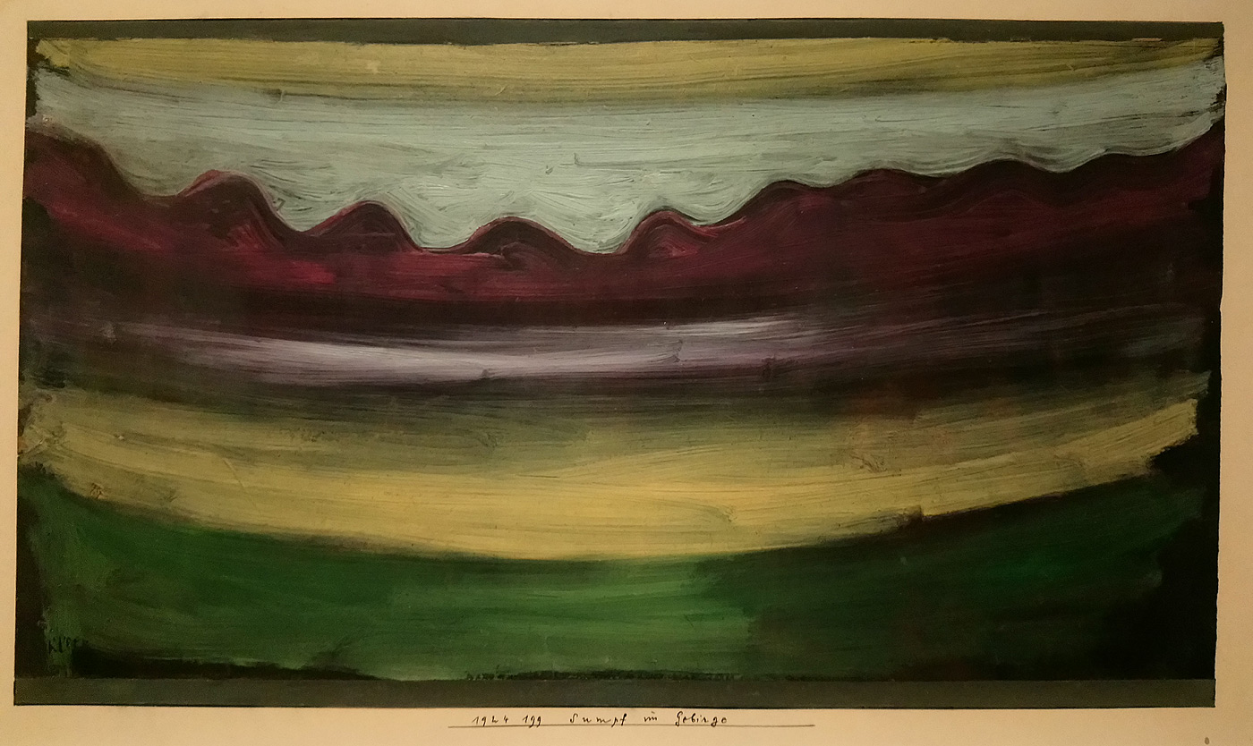 Paul Klee, Sumpf im Gebirge, Palude tra i monti (1924; olio su carta preparata a olio nero su cartone, 18,5 × 34,5 cm; Svizzera, Collezione privata, in deposito permanente al Zentrum Paul Klee, Berna)

