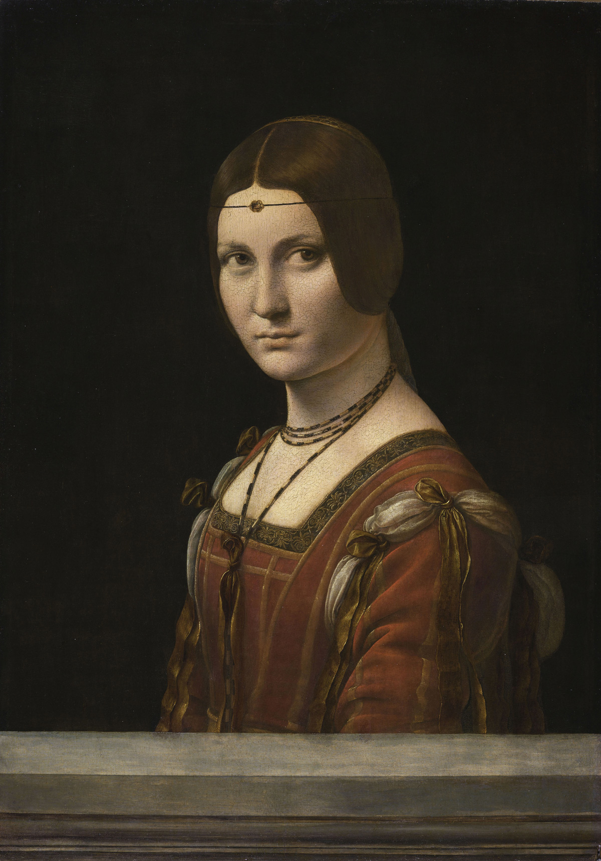 Leonardo da Vinci, Ritratto di dama noto come La Belle Ferronnière o presunto ritratto di Lucrezia Crivelli (1493-1495; olio su tavola, 63 x 45 cm; Parigi, Louvre)
 Leonardo da Vinci, Ritratto di dama noto come La Belle Ferronnière o presunto ritratto di Lucrezia Crivelli (1493-1495; olio su tavola, 63 x 45 cm; Parigi, Louvre)
