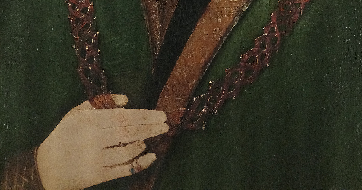 Ercole de' Roberti, Ritratto di Giovanni II Bentivoglio, dettaglio Ercole de' Roberti, Ritratto di Giovanni II Bentivoglio, dettaglio