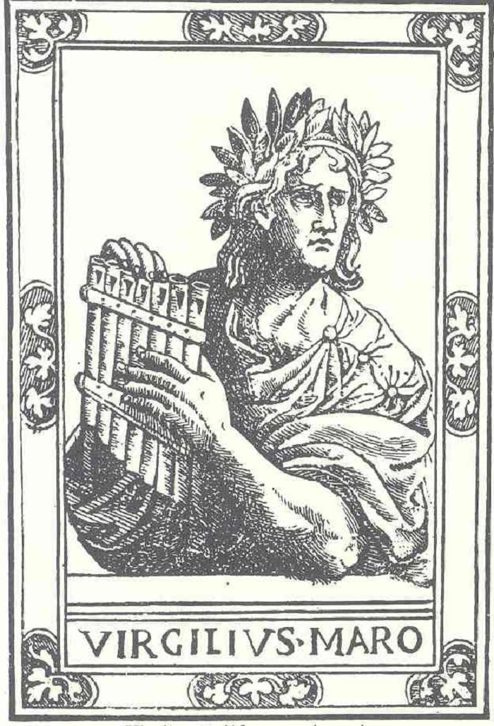 Anonimo xilografo veneziano, Ritratto di Virgilio con la syrinx, Frontespizio del volgarizzamento in terza rima dell'Eneide tradotto da Tommaso Cambiatore  (1532; incisione; pubblicata per i tipi di Bernardino di Vituli)