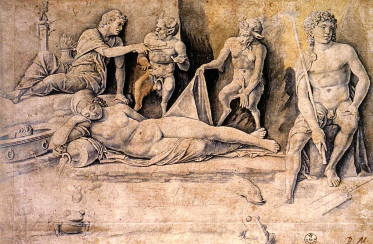 Bottega di Andrea Mantegna, Scena mitologica (1500 circa; penna e inchiostro blu, acquerelli azzurro e nero, carta bianca ingiallita, 264 x 398 mm; Firenze, Gallerie degli Uffizi, Gabinetto dei Disegni e delle Stampe)
 Bottega di Andrea Mantegna, Scena mitologica (1500 circa; penna e inchiostro blu, acquerelli azzurro e nero, carta bianca ingiallita, 264 x 398 mm; Firenze, Gallerie degli Uffizi, Gabinetto dei Disegni e delle Stampe)