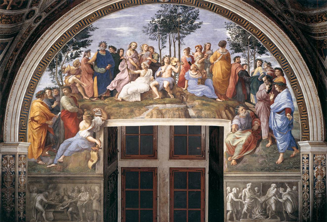 Raffaello, Il Parnaso (1510-1511; affresco, base 670 cm; Città del Vaticano, Musei Vaticani, Stanza della Segnatura)
 Raffaello, Il Parnaso (1510-1511; affresco, base 670 cm; Città del Vaticano, Musei Vaticani, Stanza della Segnatura)
