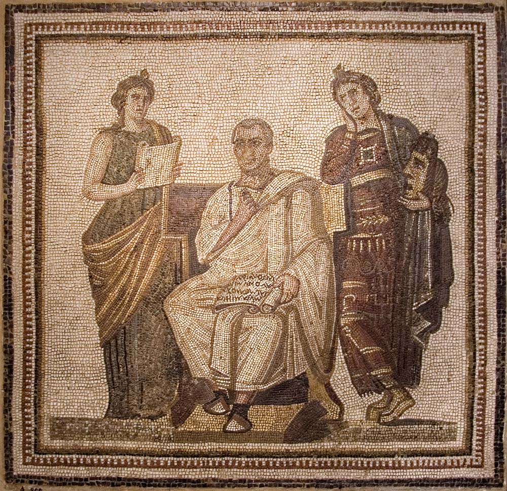 Anonimo mosaicista dell’Africa Proconsolare, Virgilio in cattedra tra due muse (inizio del III secolo d.C.; mosaico pavimentale, 122 x 122 cm; Tunisi, Museo Nazionale del Bardo)