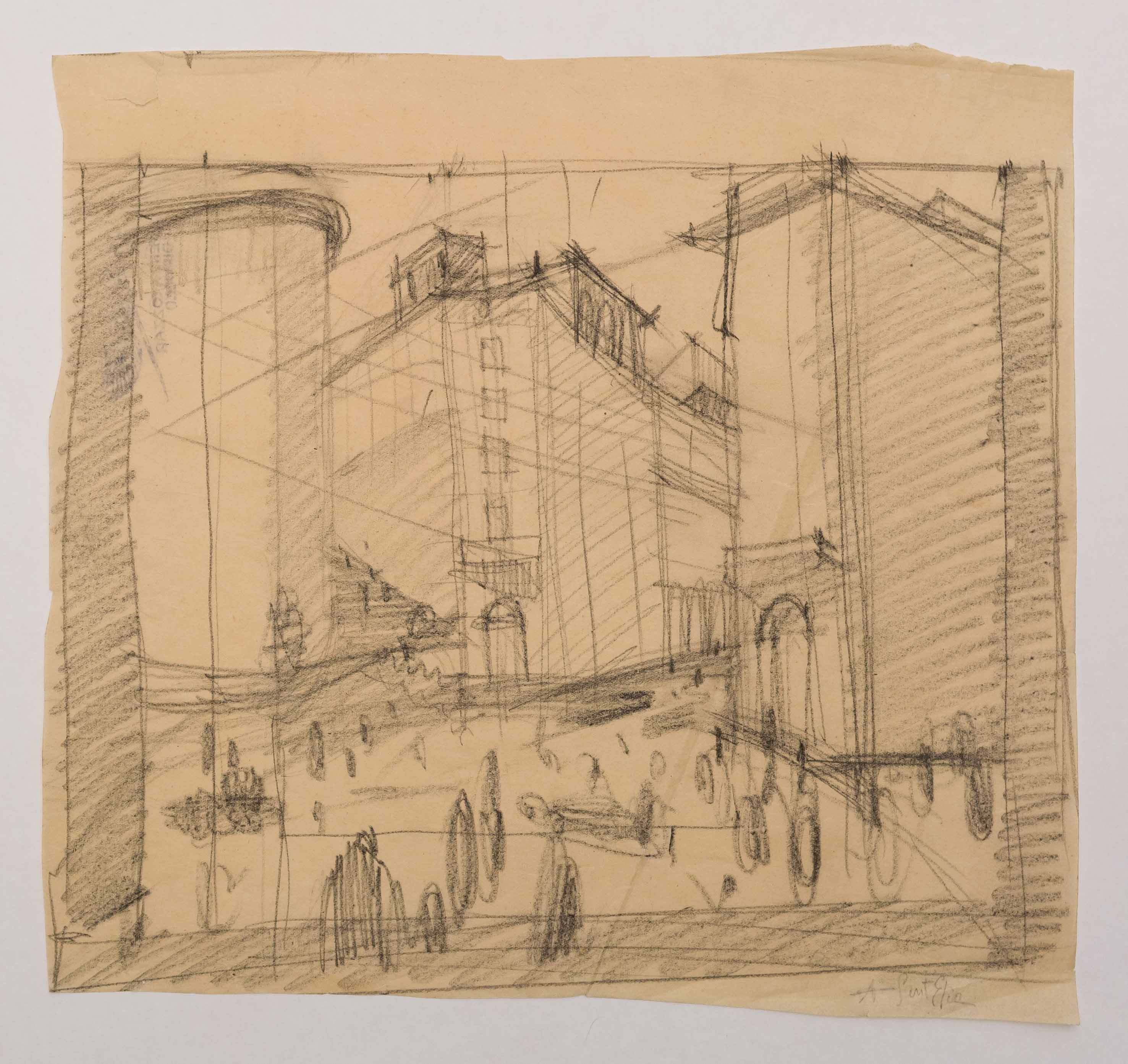 Antonio Sant’Elia, Senza titolo (1912 circa; matita su carta, 29,6 x 31 cm). Courtesy Fondazione Massimo e Sonia Cirulli, Bologna
