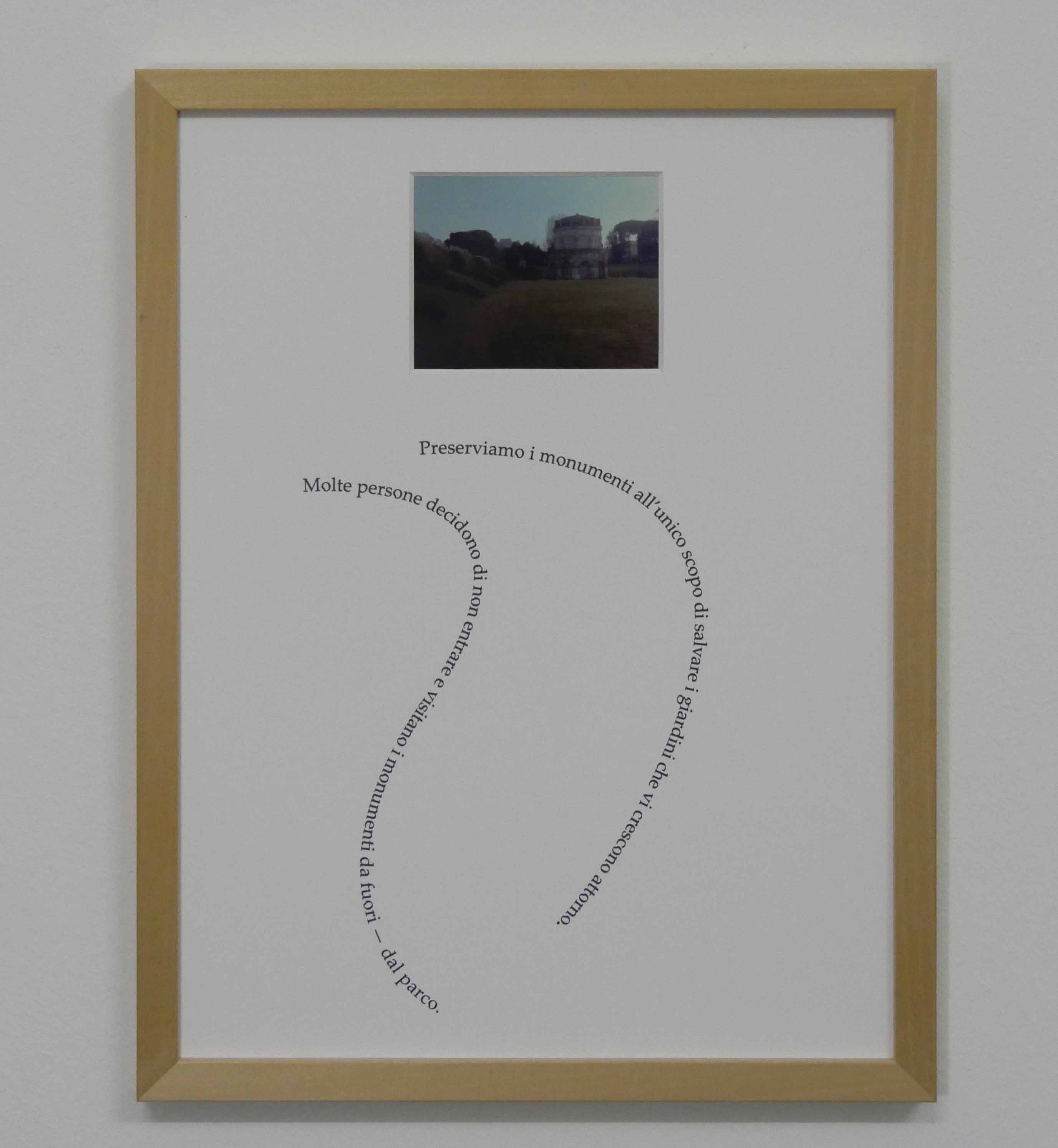 Riccardo Benassi, Così per dire (parco) (2016; stampa su carta fotografica Metal Kodak, stampa laserprint su passe-partout, cornice in quercia, 32,7 x 42,5 cm). Courtesy l’artista
