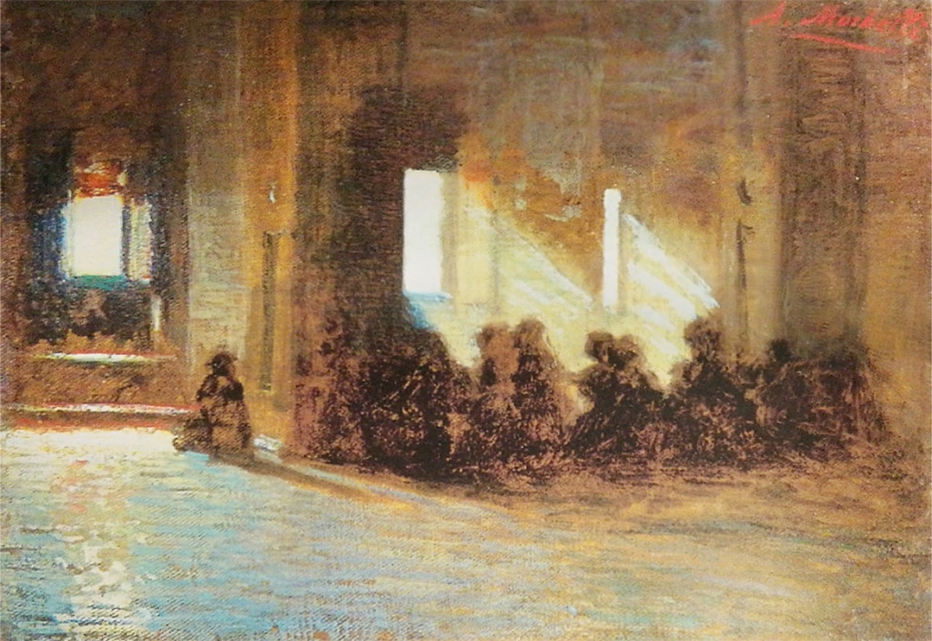 Angelo Morbelli, Interno di chiesa (1893; olio su tela, 27,5 x 37,8 cm; Torino, GAM - Galleria d'Arte Moderna)
