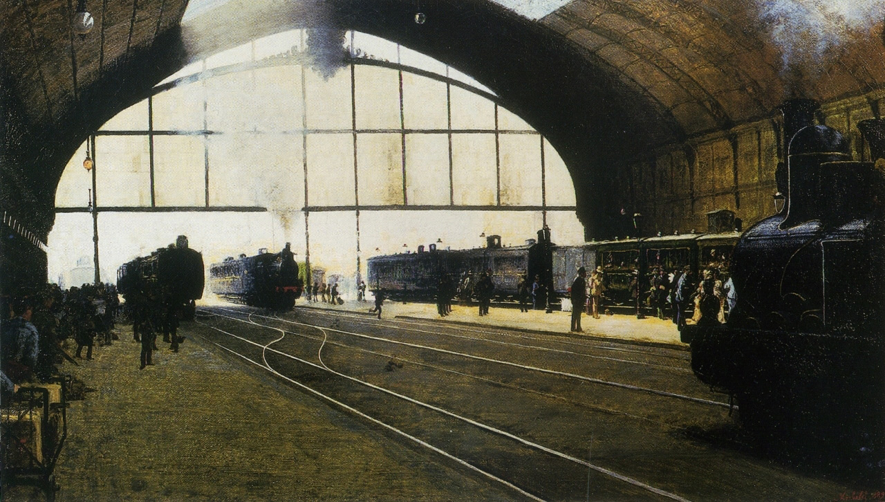 Angelo Morbelli, La stazione centrale di Milano (1887; olio su tela, 57,5 x 100 cm; Milano, GAM - Galleria d'Arte Moderna)
