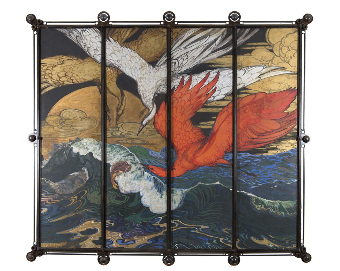 Galileo Chini, Olas, damiselas de Numidia y cabracho (c. 1910-1915; biombo de cuatro paneles, óleo sobre tabla, 200 x 240 cm; Pisa, Palazzo Blu)