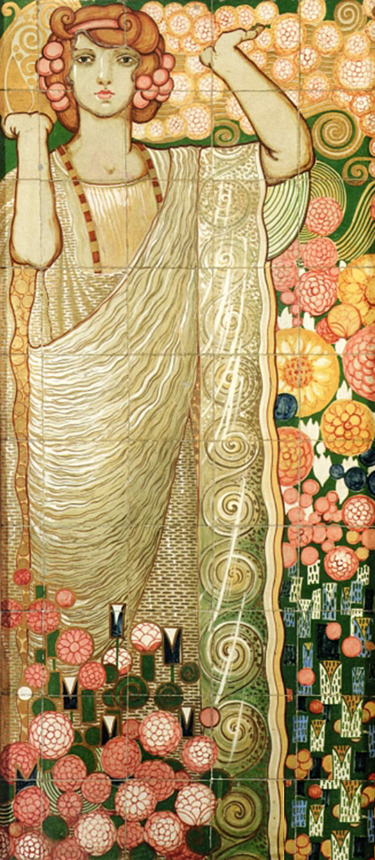 Galileo Chini, Pannello Flora (1914 circa; maiolica policroma, 150 x 70 cm; Collezione V. Chini)
