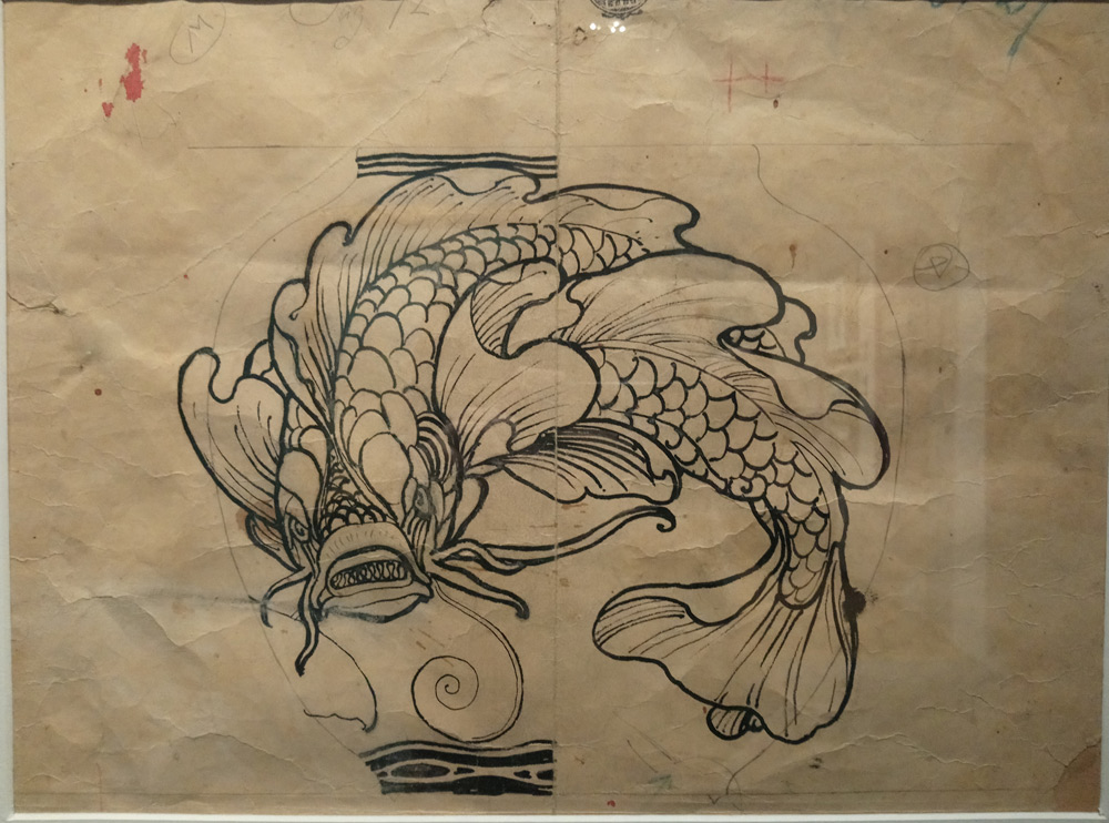 Galileo Chini, Bozzetto per vaso ovoidale con pesci (1906-1911; china e matita su tela, 38 x 40,5 cm; Collezione V. Chini)
