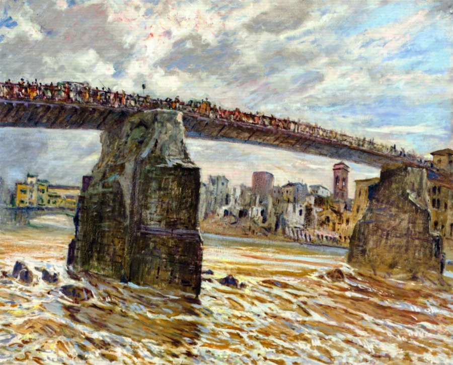 Galileo Chini, Ponte Santa Trinita (Rovine sull'Arno) (1944-1945; olio su tela, 98 x 87 cm; Collezione privata)
