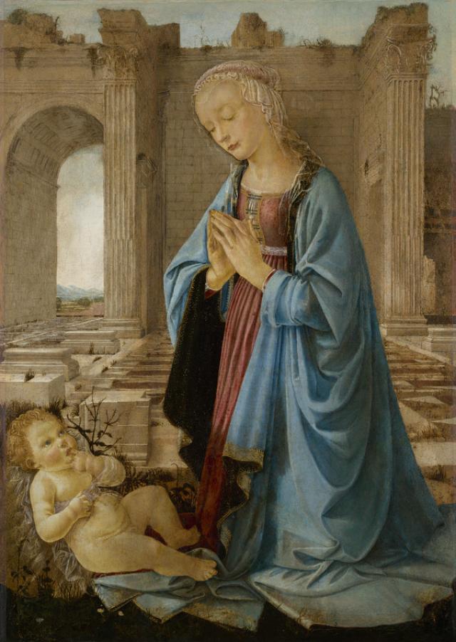 Domenico del Ghirlandaio, Madonna in adorazione del Bambino nota come Madonna Ruskin (1470 circa; tempera e olio su tela, trasportata da tavola, 106,7 x 76,3 cm; Edimburgo, National Galleries of Scotland, inv. NG 2338)
