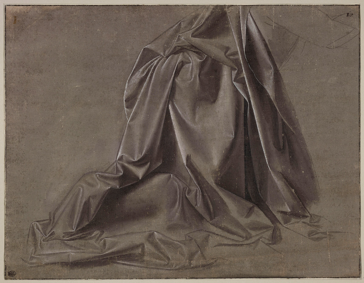Leonardo da Vinci, Panneggio d’una figura inginocchiata, vista di profilo (1470-1475 circa; acquarellature marroni, tempera grigia e biacca su tela di lino preparata in colore grigio-bruno, 181 x 234. Parigi, Musée du Louvre, Département des Arts Graphiques, inv. 225)
