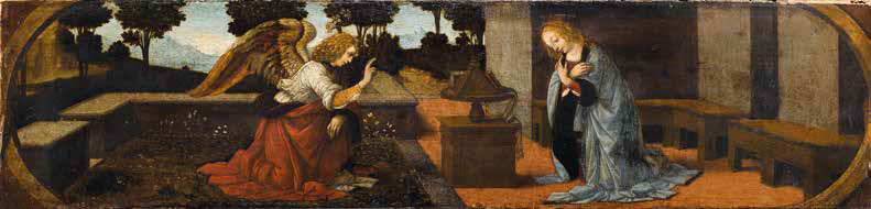 Lorenzo di Credi, Annunciazione (1476 circa; olio su tavola, 16,2 x 60,7 cm; Parigi, Musée du Louvre, Département des Peintures, inv. M.I. 59)
