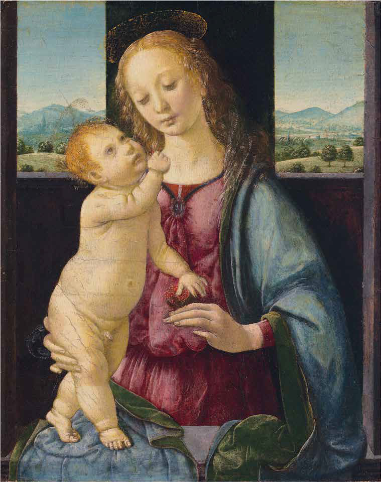 Lorenzo di Credi o Leonardo da Vinci, Madonna col Bambino nota come Madonna Dreyfus (1478-1480 circa; olio su tavola, 16,5 x 13,4 cm; Washington, National Gallery of Art, Samuel H. Kress Collection, inv. 1952.5.6)
