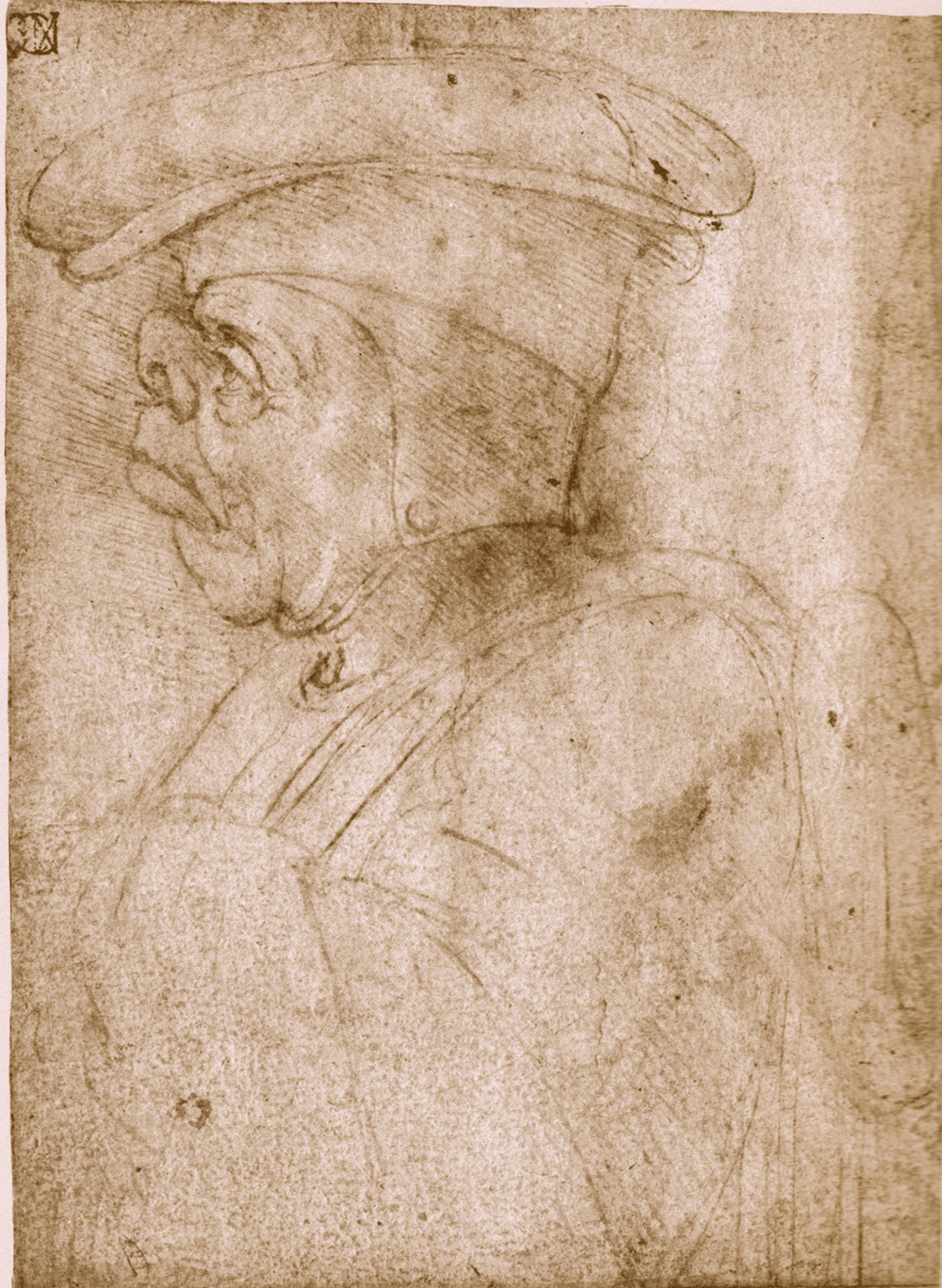Leonardo da Vinci, Testa maschile grottesca (15 x 11 cm; Milano, Biblioteca Ambrosiana, F 274 inf. n. 53)
